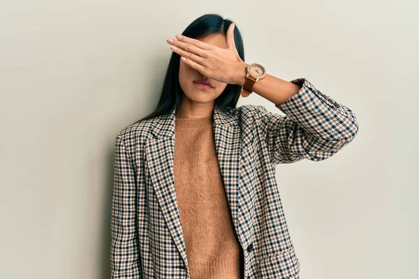 Young Chinese Woman Wearing Business Style Glasses Covering Eyes Hand — Stock Photo, Image