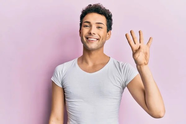 Jovem Homem Bonito Vestindo Camisa Branca Casual Mostrando Apontando Para — Fotografia de Stock