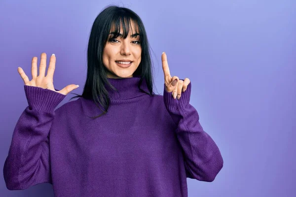 Young Brunette Woman Bangs Wearing Turtleneck Sweater Showing Pointing Fingers — Stok fotoğraf