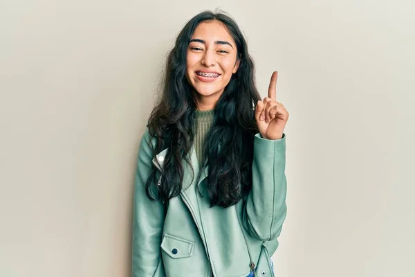 Hispanic Teenager Girl Dental Braces Wearing Green Leather Jacket Smiling — Stock Photo, Image