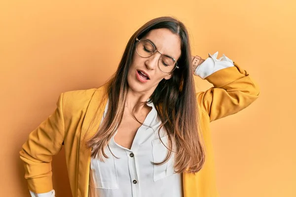 Young Beautiful Woman Wearing Business Style Glasses Stretching Back Tired — Stock Photo, Image