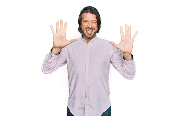 Średniego Wieku Przystojny Mężczyzna Koszuli Biznesu Pokazując Wskazując Palcem Numer — Zdjęcie stockowe