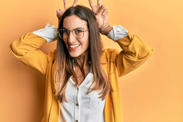 Young Beautiful Woman Wearing Business Style Glasses Posing Funny Crazy — Stock Photo, Image