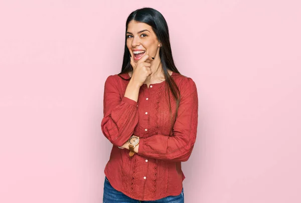 Young Hispanic Woman Wearing Casual Clothes Looking Confident Camera Smiling Stock Photo