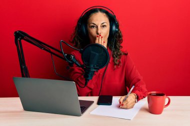 Güzel bir orta yaşlı kadın radyo stüdyosunda çalışıyor. Ağzını eliyle kapatıyor. Şok geçiriyor ve hata yapmaktan korkuyor. şaşırmış ifade 