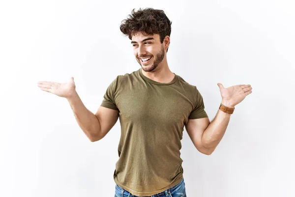 Hispanic Man Standing Isolated White Background Smiling Showing Both Hands — Stock Photo, Image