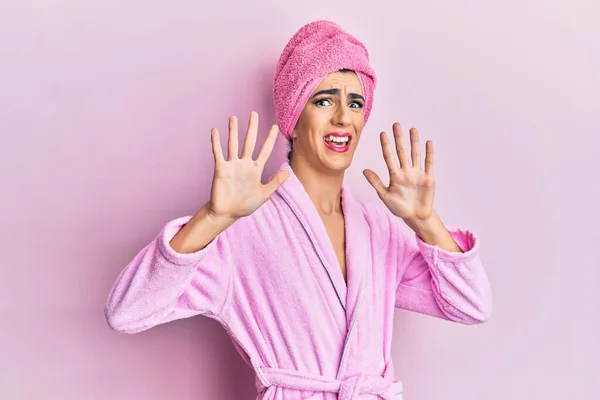 Young Man Wearing Woman Make Wearing Shower Towel Head Bathrobe — Stock Photo, Image
