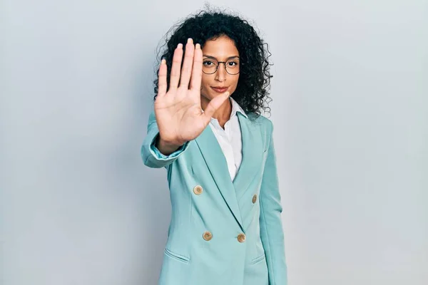 Young Latin Girl Wearing Business Clothes Glasses Doing Stop Sing — Stock Photo, Image