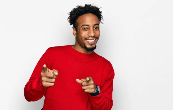 Young African American Man Beard Wearing Casual Winter Sweater Pointing — Stock Photo, Image