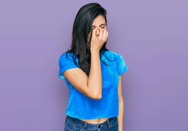 Young Hispanic Woman Wearing Casual Clothes Tired Rubbing Nose Eyes — Stock Photo, Image