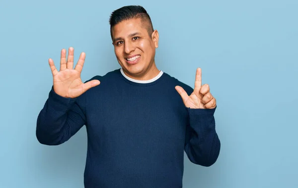 Young Latin Man Wearing Casual Clothes Showing Pointing Fingers Number — Stock Photo, Image