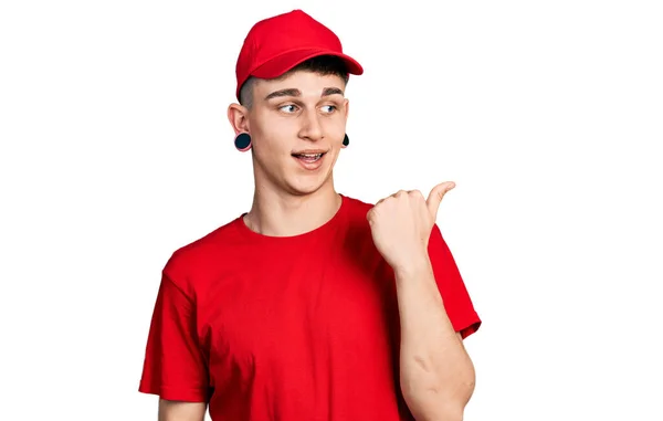 Young Caucasian Boy Ears Dilation Wearing Delivery Uniform Cap Smiling — Stock Photo, Image