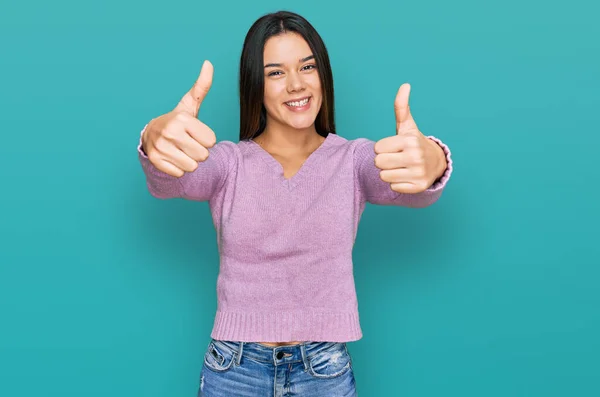 Young Hispanic Girl Wearing Casual Clothes Approving Doing Positive Gesture — Stock Photo, Image