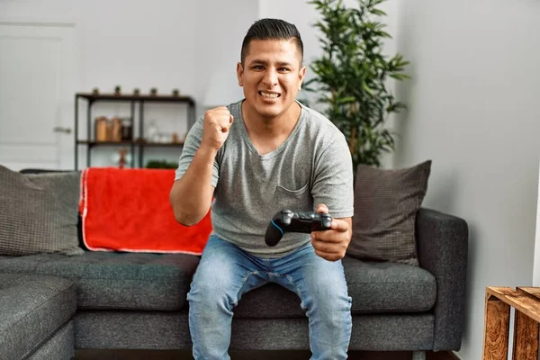 Young Hispanic Man Smiling Happy Playing Video Game Home — Stock Photo, Image