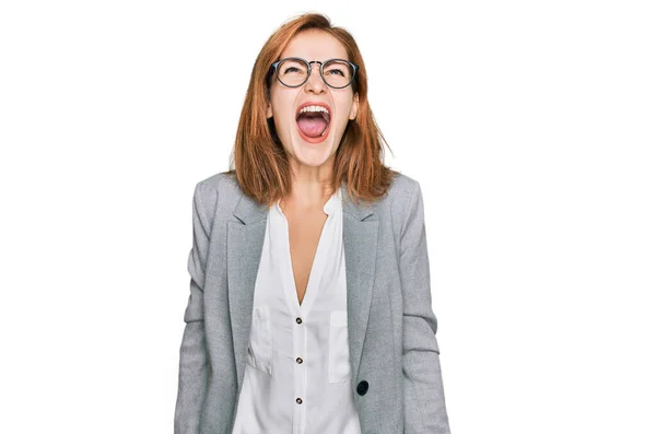Young Caucasian Woman Wearing Business Style Glasses Angry Mad Screaming — Stock Photo, Image