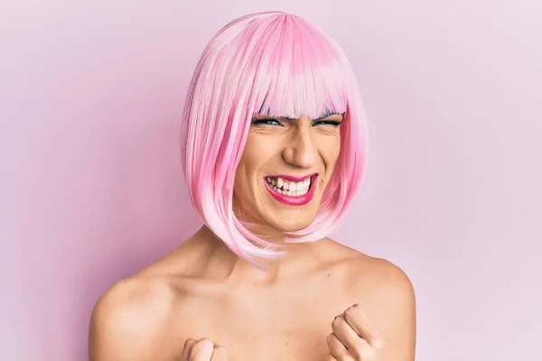 Young Man Wearing Woman Make Wearing Pink Wig Excited Success — Stock Photo, Image