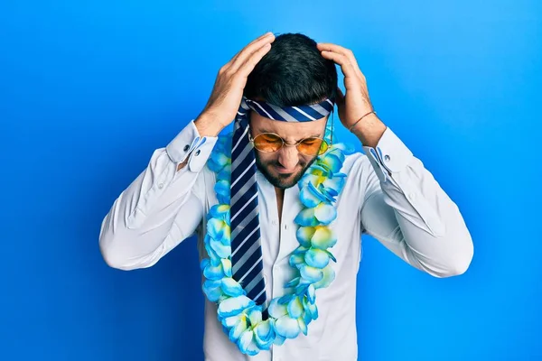 Young Hispanic Businessman Wearing Party Funny Style Tie Head Suffering — Stock Photo, Image