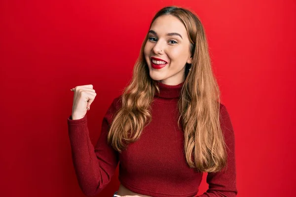 Young Blonde Woman Wearing Turtleneck Sweater Smiling Happy Face Looking — Stock Photo, Image