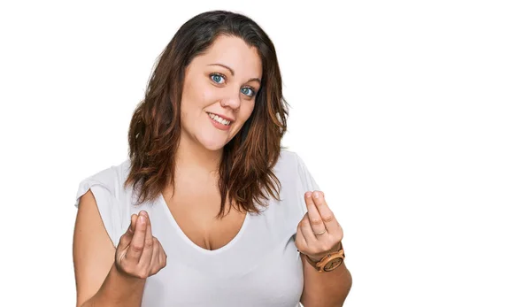 Junge Size Frau Lässigem Weißem Shirt Macht Geld Geste Mit — Stockfoto