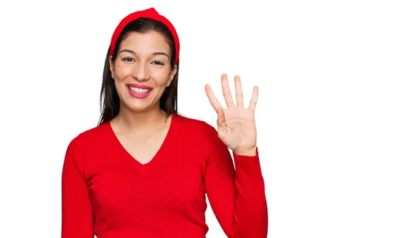 Junge Hispanische Frau Lässiger Kleidung Zeigt Mit Finger Nummer Vier — Stockfoto