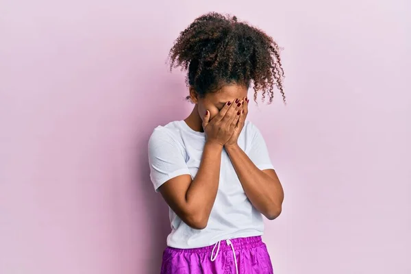 Beautiful African American Woman Afro Hair Wearing Sportswear Sad Expression — Stock Photo, Image