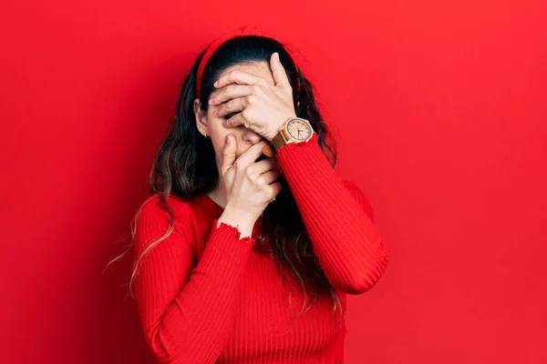 Young Hispanic Woman Wearing Casual Clothes Covering Eyes Mouth Hands — Stock Photo, Image