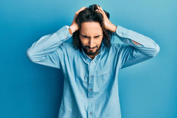 Young Hispanic Man Wearing Casual Clothes Suffering Headache Desperate Stressed — Stock Photo, Image