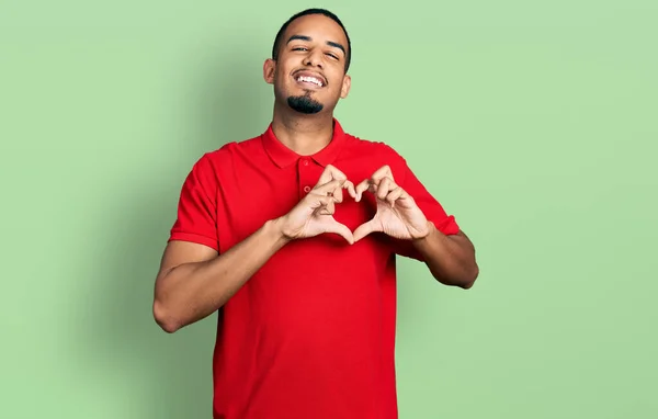 Young African American Man Wearing Casual Polo Smiling Love Doing — Stock Photo, Image