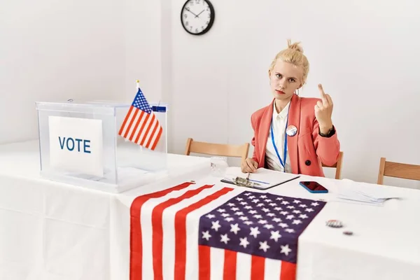 Beautiful Caucasian Woman Working Political Campaign Showing Middle Finger Impolite — Stock fotografie