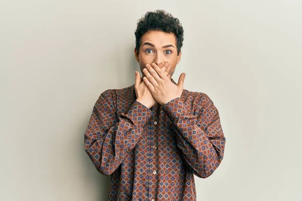 Handsome Hispanic Man Wearing Casual Clothes Shocked Covering Mouth Hands — Stock Photo, Image