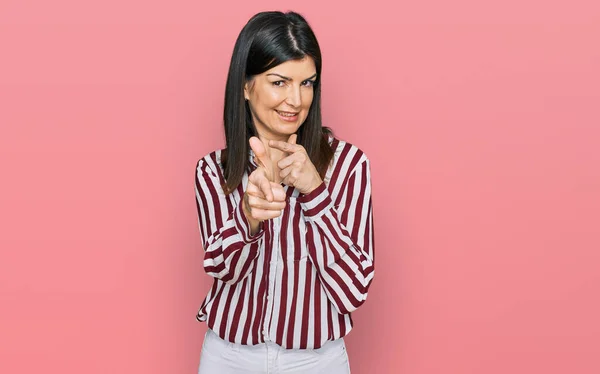 Beautiful Brunette Woman Wearing Striped Shirt Pointing Fingers Camera Happy — Stock Photo, Image