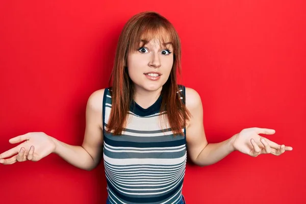 Redhead Young Woman Wearing Casual Shirt Clueless Confused Expression Arms — Stock Photo, Image
