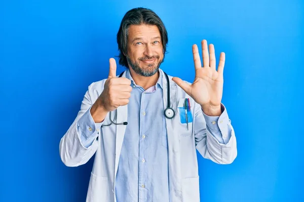 Middle Age Handsome Man Wearing Doctor Uniform Stethoscope Showing Pointing — Stock Photo, Image