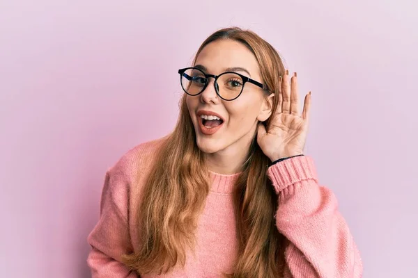 Young Blonde Woman Wearing Casual Clothes Glasses Smiling Hand Ear — Stock Photo, Image