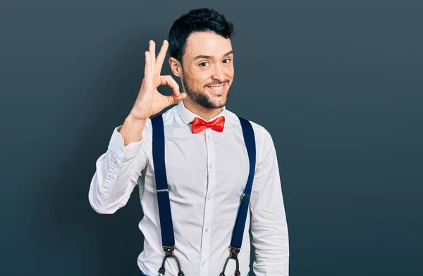 Hispanic Man Beard Wearing Hipster Look Bow Tie Suspenders Smiling — Stock Photo, Image