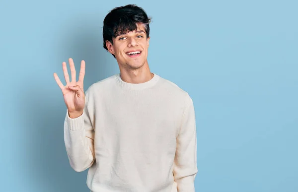 Handsome Hipster Young Man Wearing Casual Winter Sweater Showing Pointing — Stock Photo, Image