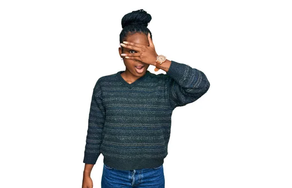 Young African American Woman Wearing Casual Clothes Peeking Shock Covering — Stock Photo, Image