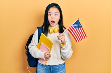 Genç Çinli değişim öğrencisi elinde Amerika bayrağı tutarken şaşkınlık ve şaşkınlık içinde bir ifade, korku ve heyecan dolu bir yüz.. 