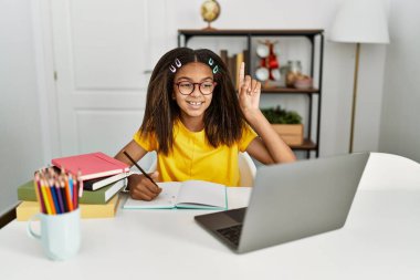 Genç Afrikalı Amerikalı ev ödevi yapıyor. Şaşırmış, şaşırmış ve parmaklarıyla işaret ediyor ve kollarını kaldırıyor.. 