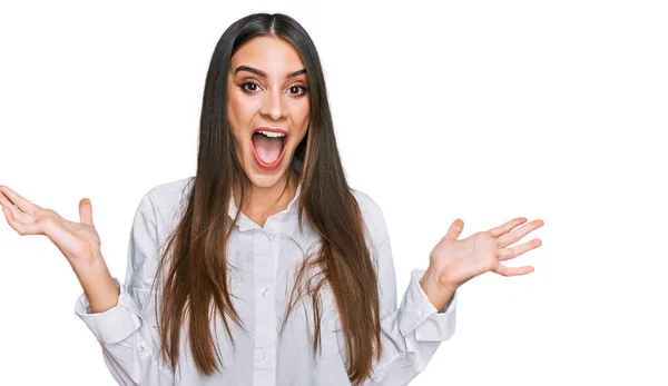 Young Beautiful Woman Wearing Casual White Shirt Celebrating Victory Happy — Stock Photo, Image