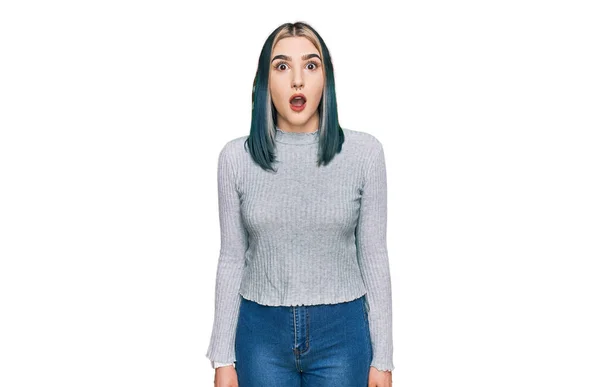 Young Modern Girl Wearing Casual Sweater Afraid Shocked Surprise Expression — Stock Photo, Image