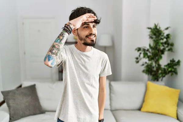 Hispanic Man Beard Living Room Home Very Happy Smiling Looking — Stock Photo, Image