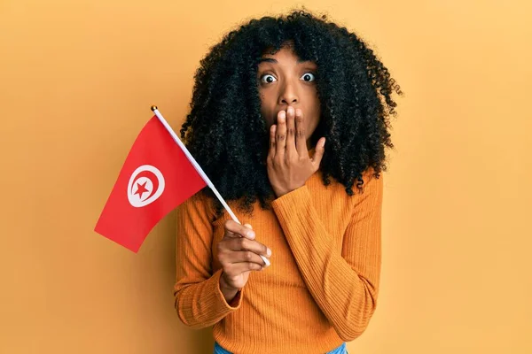 African American Woman Afro Hair Holding Turkey Flag Covering Mouth — Stock Photo, Image