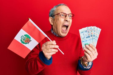 Gri saçlı, elinde Peru bayrağı ve Peru sol banknotları olan yakışıklı bir son sınıf öğrencisiydi. Öfkeliydi ve öfkeliydi. Öfkeyle bağırıyordu. öfke ve agresif konsept. 