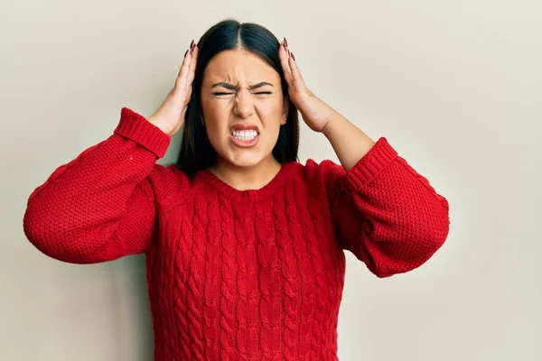 Beautiful Brunette Woman Wearing Wool Winter Sweater Hand Head Pain — Stock Photo, Image