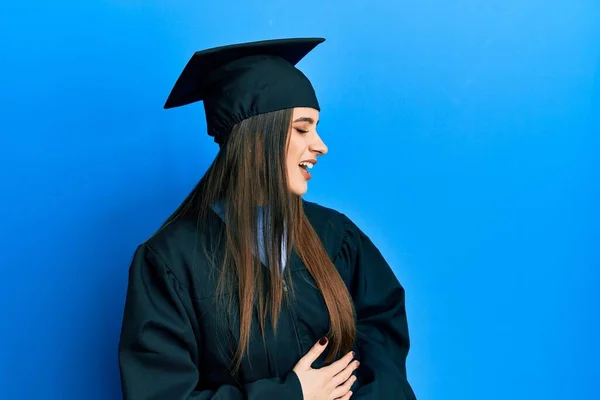 Beautiful Brunette Young Woman Wearing Graduation Cap Ceremony Robe Hand — Stock Photo, Image
