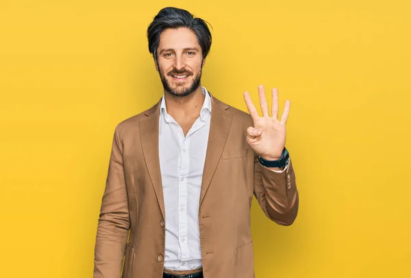 Junger Hispanischer Mann Businesskleidung Zeigt Mit Finger Nummer Vier Nach — Stockfoto