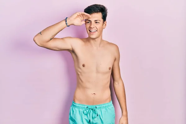 Young Hispanic Man Wearing Swimwear Shirtless Very Happy Smiling Looking — Stock Photo, Image