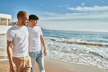Genç eşcinsel çift mutlu bir şekilde sahilde yürüyor..