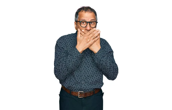 Middle Age Indian Man Wearing Casual Clothes Glasses Shocked Covering — Stock Photo, Image